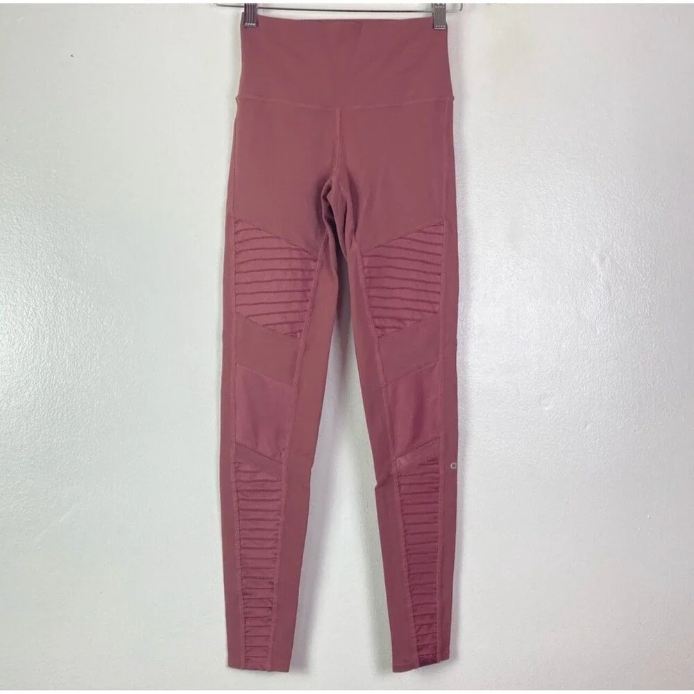 Alo Yoga Women's High-Waist Mesh Mauve Pink Moto Leggings SZ XS